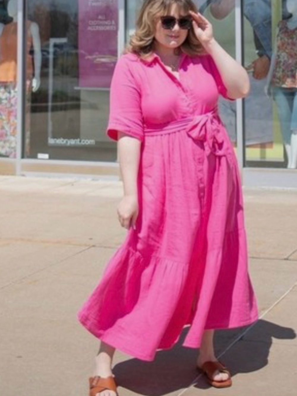 Lane Bryant Bright Pink Maxi Dress with Waist Tie